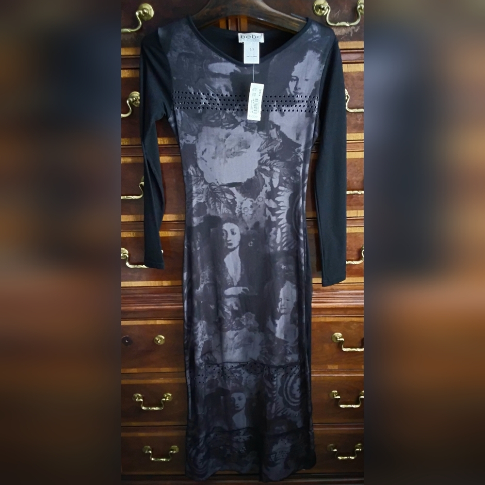 bebe Black and Gray Artistic Long Sleeve Dress